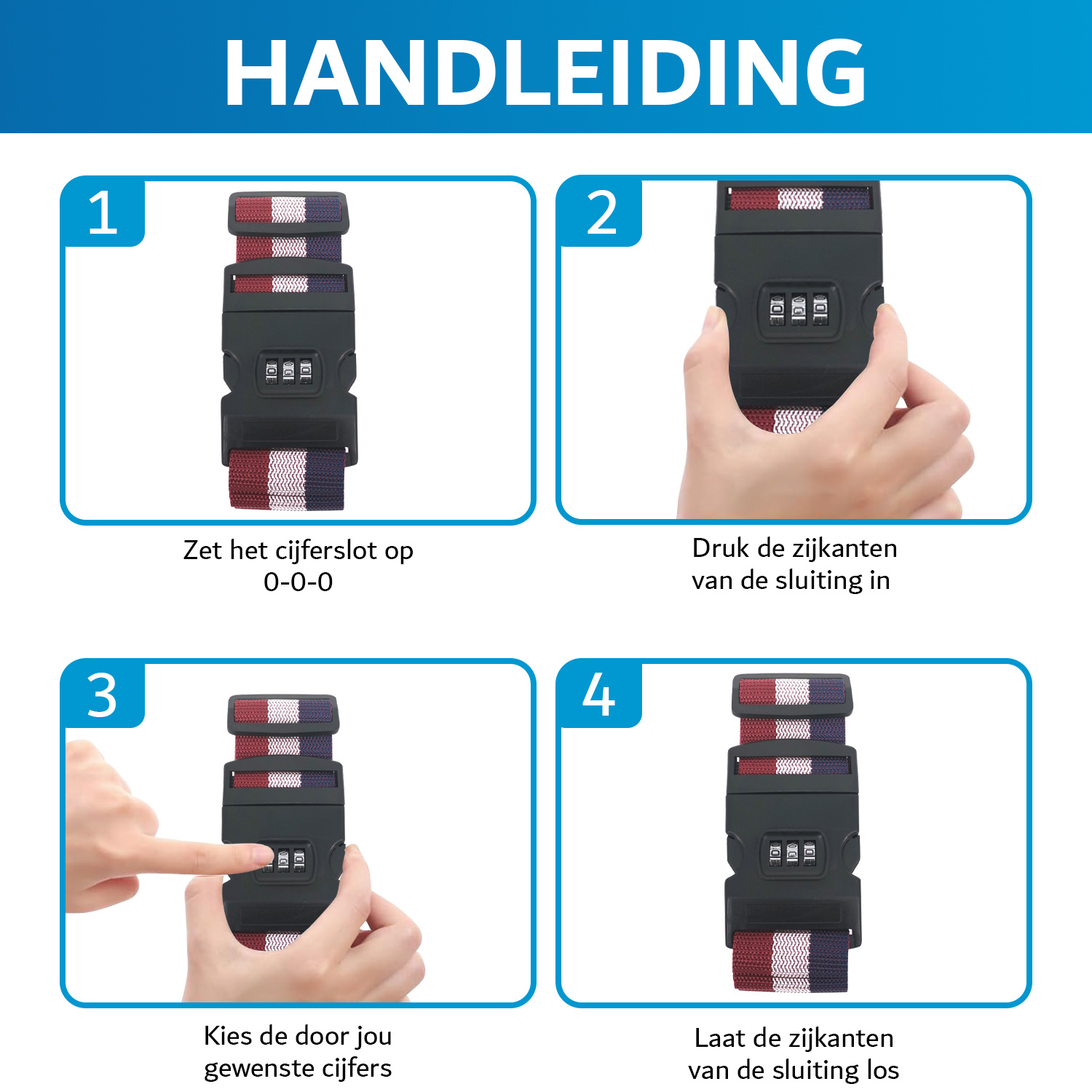 JVS Products Kofferriem met cijferslot en kofferlabel - 3 stuks - Verstelbaar - Bagageriem - 200 Centimeter - Extra Beveiliging - Reizen - Nederland - Rood/Wit/Blauw