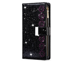 JVS Products Samsung Galaxy A55 hoesje - Bookcase - Koord - Pasjeshouder - Portemonnee - Glitter - Bloemenpatroon - Kunstleer - Zwart