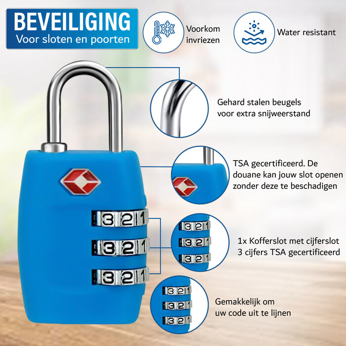 JVS Products Kofferslot - Hangslot - Cijferslot - 3 Cijfers - TSA Gecertificeerd - Lichtblauw