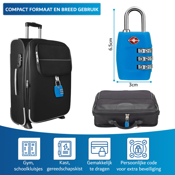 JVS Products Kofferslot - Hangslot - Cijferslot - 3 Cijfers - TSA Gecertificeerd - Lichtblauw