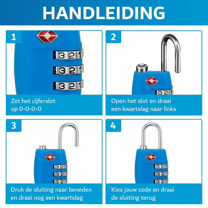 JVS Products Kofferslot - Hangslot - Cijferslot - 3 Cijfers - TSA Gecertificeerd - Lichtblauw