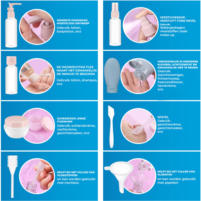 JVS Products Reisflesjes met Etui - Reisflesjes handbagage - Reisset - 90ml - 11-delig - Cosmeticapotjes - Hervulbaar