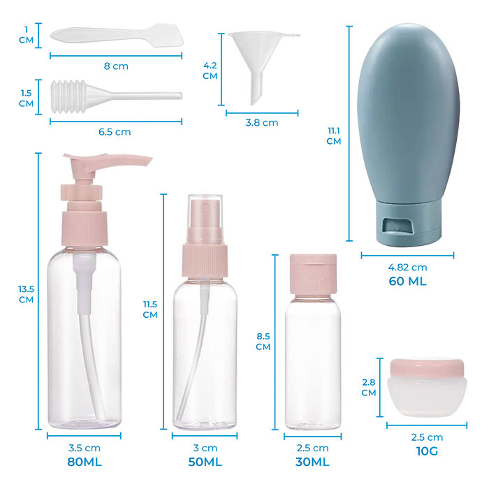 JVS Products Reisflesjes met Etui - Reisflesjes handbagage - Reisset - 90ml - 11-delig - Cosmeticapotjes - Hervulbaar