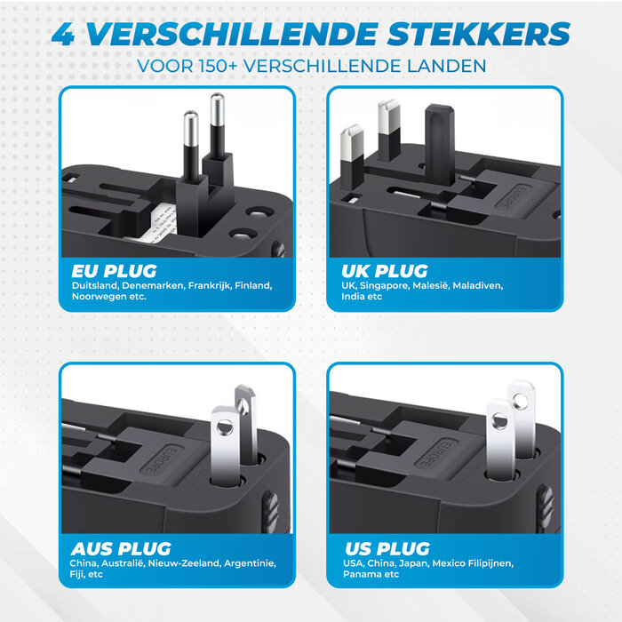 JVS Products Universele wereldstekker - Reisstekker - Internationale Reisadapter - USB-C en USB-A - 150+ Landen - Amerika (USA) - Zuid Amerika - Engeland (UK) - Azië - Europa - Afrika - Wereldstekker lichtgewicht - Zwart