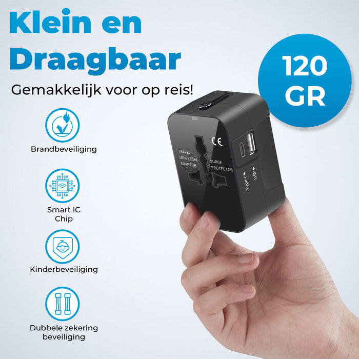 JVS Products Universele wereldstekker - Reisstekker - Internationale Reisadapter - USB-C en USB-A - 150+ Landen - Amerika (USA) - Zuid Amerika - Engeland (UK) - Azië - Europa - Afrika - Wereldstekker lichtgewicht - Zwart