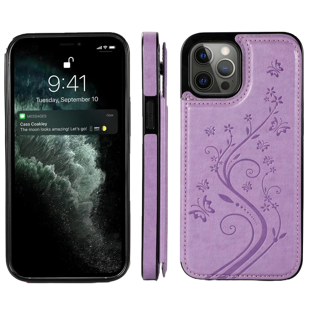 iPhone 16 Pro Max hoesje - Backcover - Pasjeshouder - Portemonnee - Bloemenprint - Kunstleer - Paars