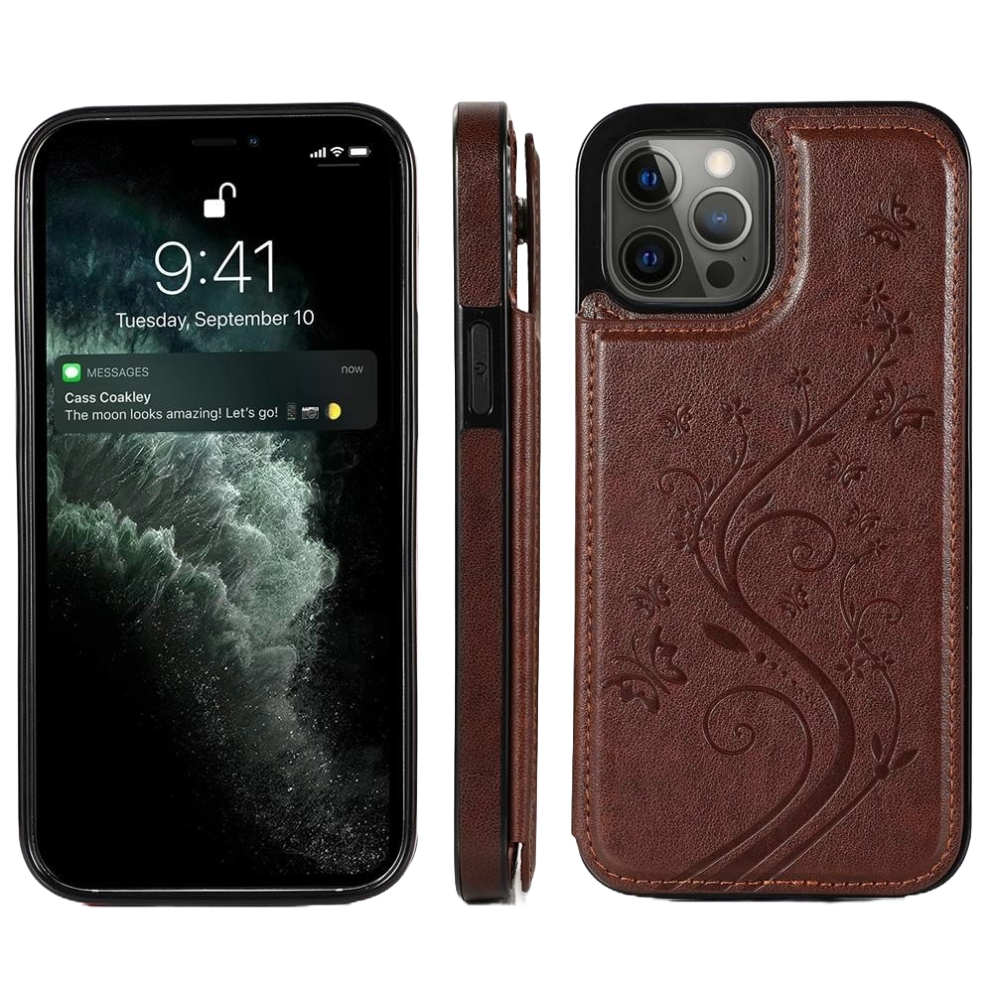 iPhone 16 hoesje - Backcover - Pasjeshouder - Portemonnee - Bloemenprint - Kunstleer - Bruin