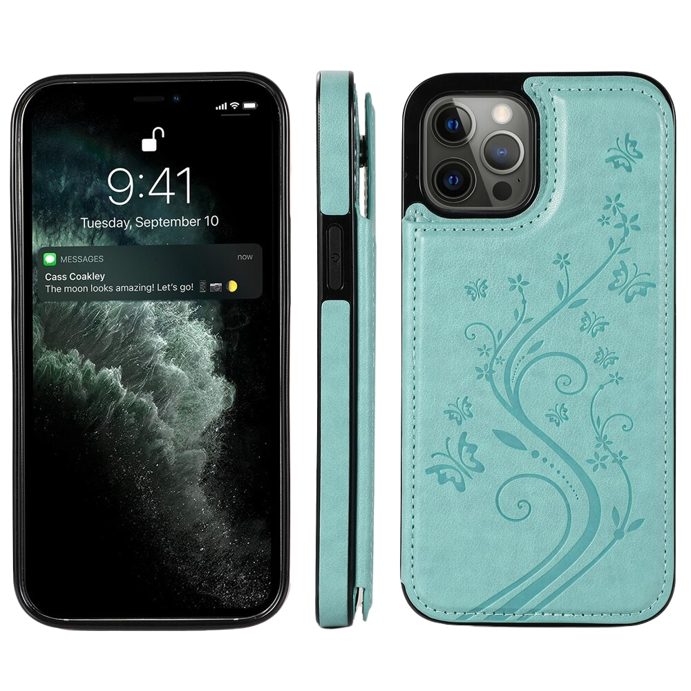 iPhone 16 Pro hoesje - Backcover - Pasjeshouder - Portemonnee - Bloemenprint - Kunstleer - Turquoise