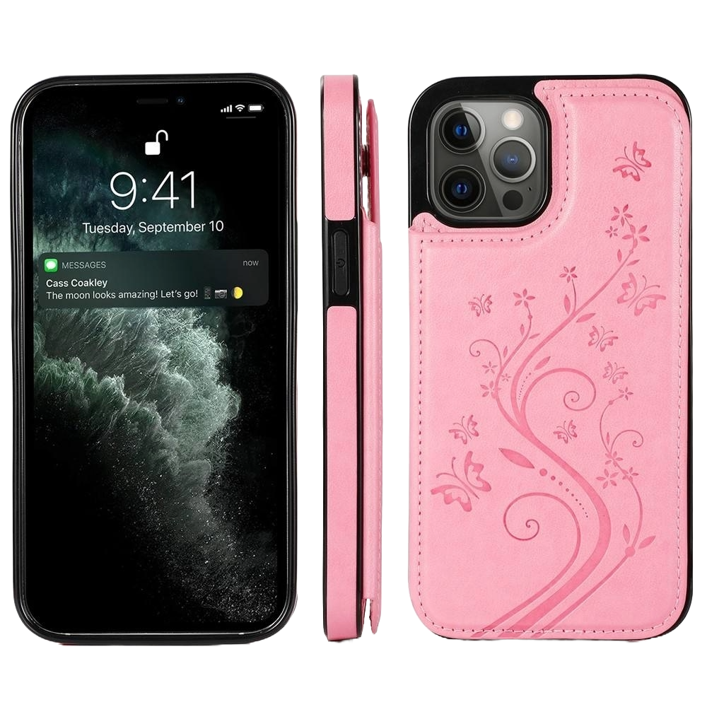 iPhone 16 Pro hoesje - Backcover - Pasjeshouder - Portemonnee - Bloemenprint - Kunstleer - Roze