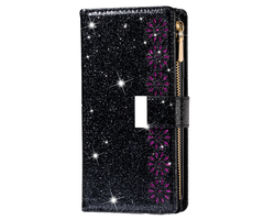 JVS Products iPhone 16 Pro hoesje - Bookcase - Koord - Pasjeshouder - Portemonnee - Glitter - Bloemenpatroon - Kunstleer - Zwart