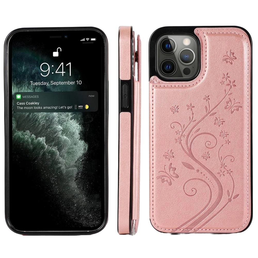 iPhone 16 Pro Max hoesje - Backcover - Pasjeshouder - Portemonnee - Bloemenprint - Kunstleer - Rose Goud