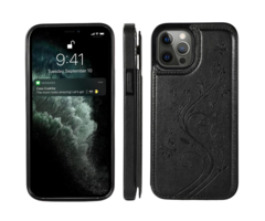 JVS Products iPhone 16 Pro hoesje - Backcover - Pasjeshouder - Portemonnee - Bloemenprint - Kunstleer - Zwart