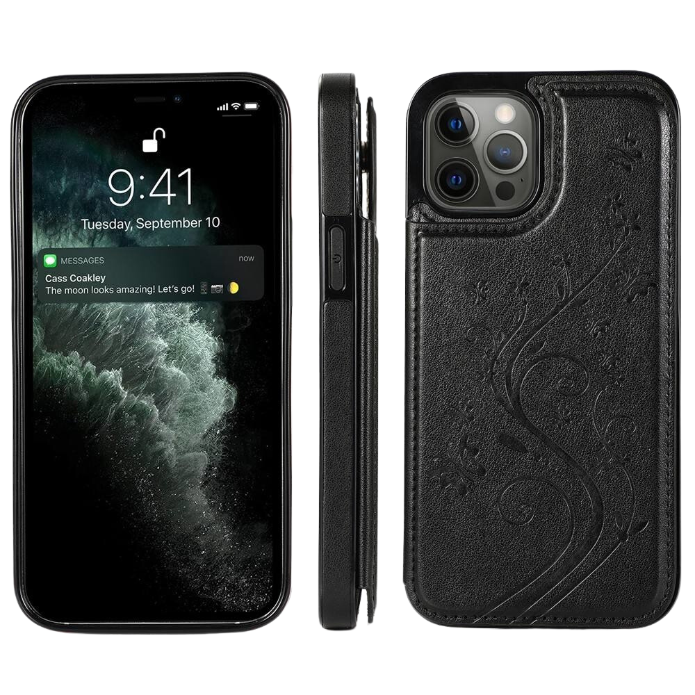 iPhone 16 Pro hoesje - Backcover - Pasjeshouder - Portemonnee - Bloemenprint - Kunstleer - Zwart