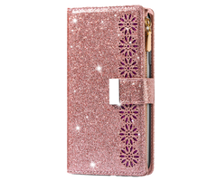 JVS Products iPhone 16 Plus hoesje - Bookcase - Koord - Pasjeshouder - Portemonnee - Glitter - Bloemenpatroon - Kunstleer - Rose Goud