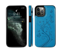 JVS Products iPhone 16 Pro Max hoesje - Backcover - Pasjeshouder - Portemonnee - Bloemenprint - Kunstleer - Blauw