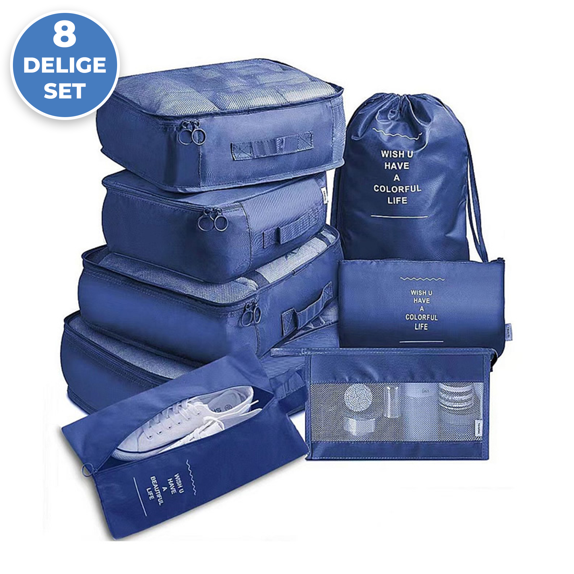 Packing Cubes - Koffer Organizer Set - 8-delig - Kleding en Bagage Organizer - Travel Cubes - Reis Accessoires - Voor Tassen en Backpacks - Blauw afbeelding