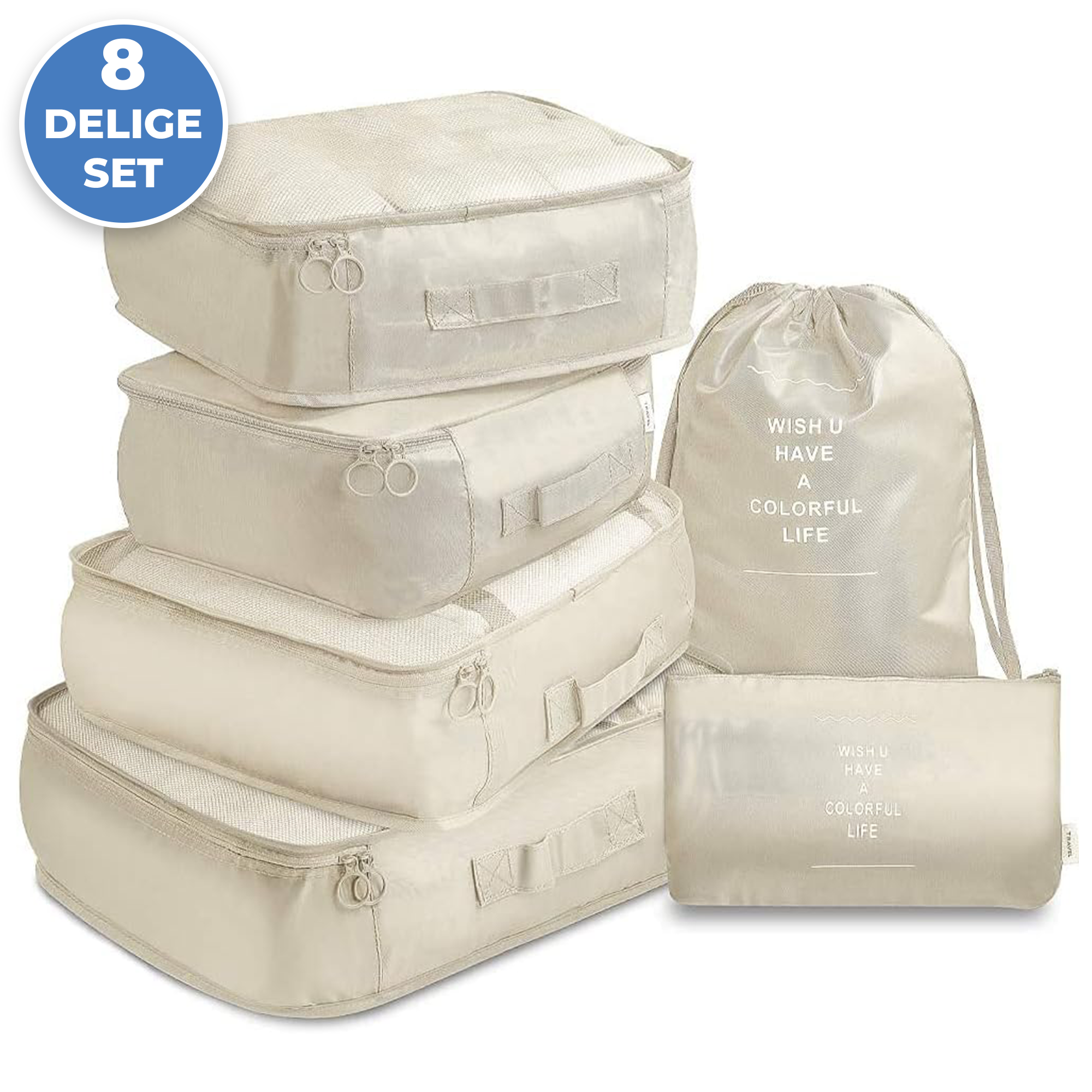 Packing Cubes - Koffer Organizer Set - 8-delig - Kleding en Bagage Organizer - Travel Cubes - Reis Accessoires - Voor Tassen en Backpacks - Wit afbeelding