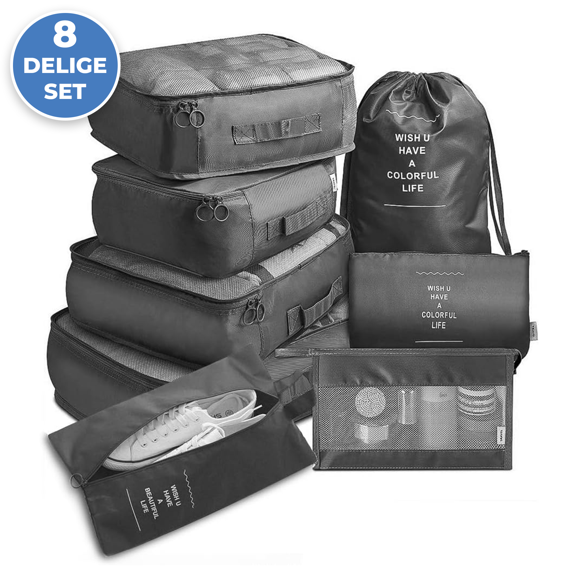 Packing Cubes - Koffer Organizer Set - 8-delig - Kleding en Bagage Organizer - Travel Cubes - Reis Accessoires - Voor Tassen en Backpacks - Zwart afbeelding