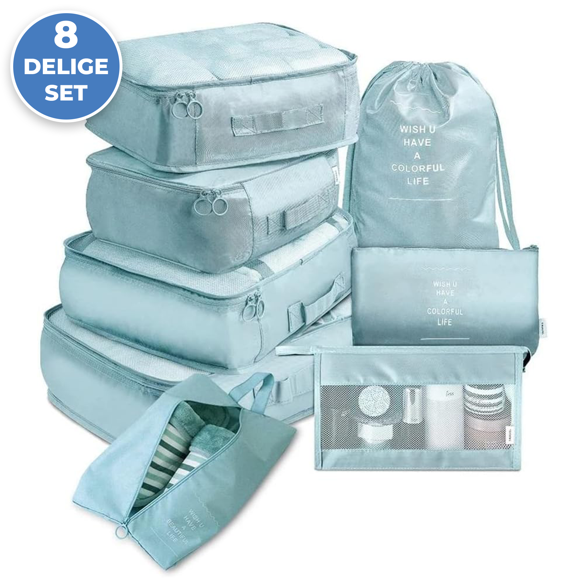 Packing Cubes - Koffer Organizer Set - 8-delig - Kleding en Bagage Organizer - Travel Cubes - Reis Accessoires - Voor Tassen en Backpacks - Turqouise afbeelding