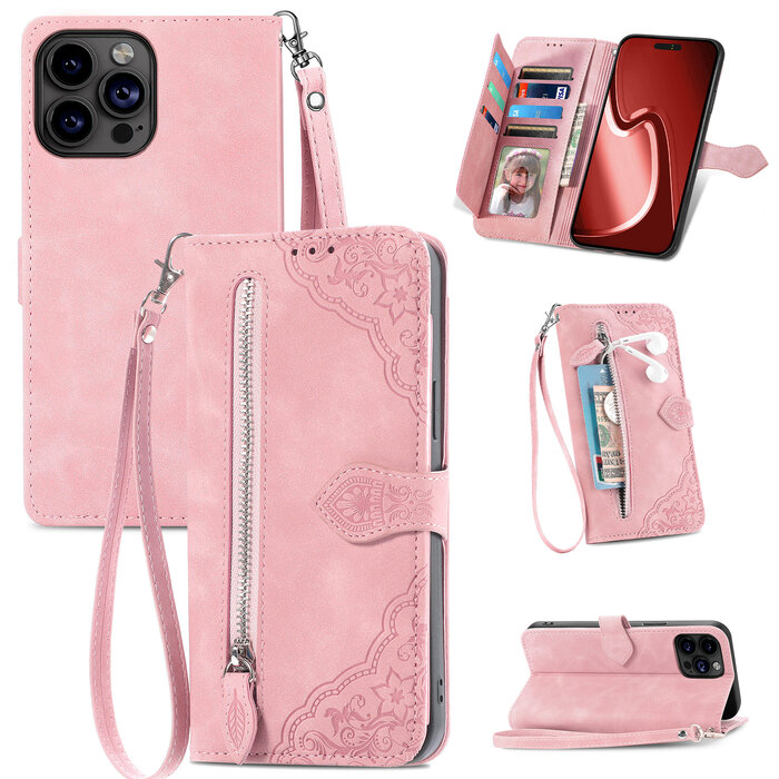 JVS Products iPhone 16 Pro hoesje - Bookcase - Koord - Pasjeshouder - Portemonnee - Bloemenpatroon - Kunstleer - Roze