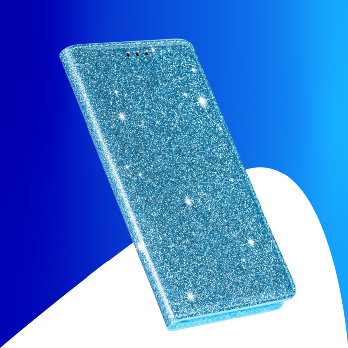 JVS Products iPhone 16 Plus hoesje - Bookcase - Pasjeshouder - Portemonnee - Glitter - TPU - Blauw