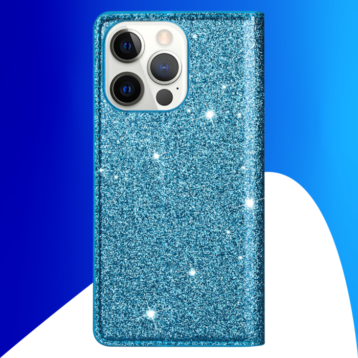 JVS Products iPhone 16 Plus hoesje - Bookcase - Pasjeshouder - Portemonnee - Glitter - TPU - Blauw