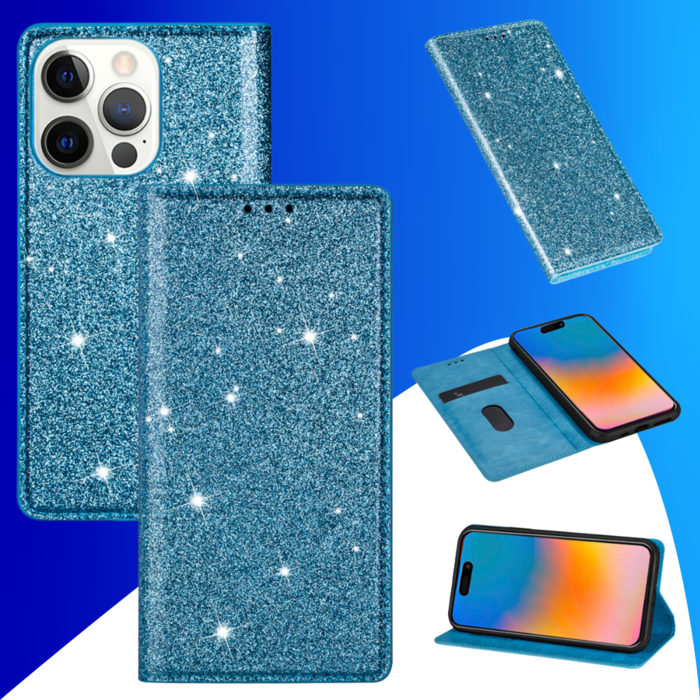 JVS Products iPhone 16 Plus hoesje - Bookcase - Pasjeshouder - Portemonnee - Glitter - TPU - Blauw