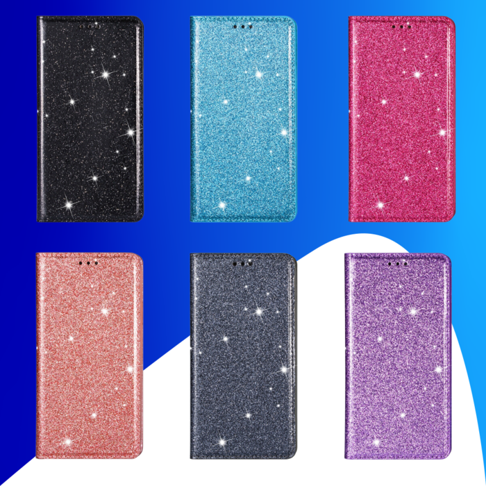 JVS Products iPhone 16 Plus hoesje - Bookcase - Pasjeshouder - Portemonnee - Glitter - TPU - Blauw
