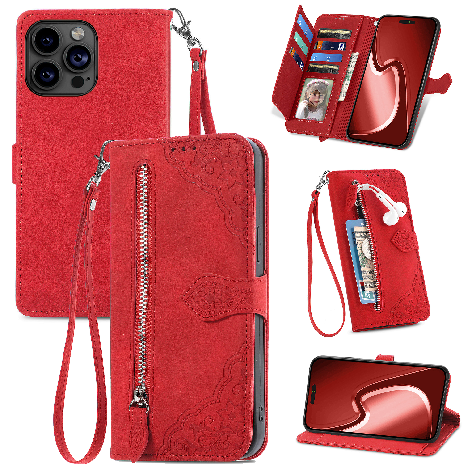 iPhone 16 Pro Max hoesje - Bookcase - Koord - Pasjeshouder - Portemonnee - Bloemenpatroon - Kunstleer - Rood afbeelding