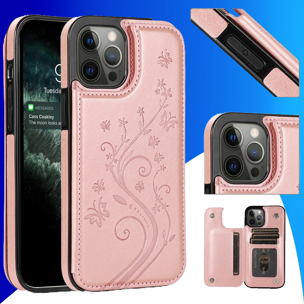 JVS Products iPhone 16 Plus hoesje - Backcover - Pasjeshouder - Portemonnee - Bloemenprint - Kunstleer - Rose Goud