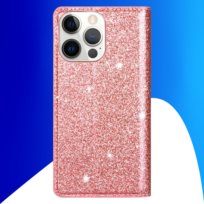 JVS Products iPhone 16 Pro hoesje - Bookcase - Pasjeshouder - Portemonnee - Glitter - TPU - Rose Goud