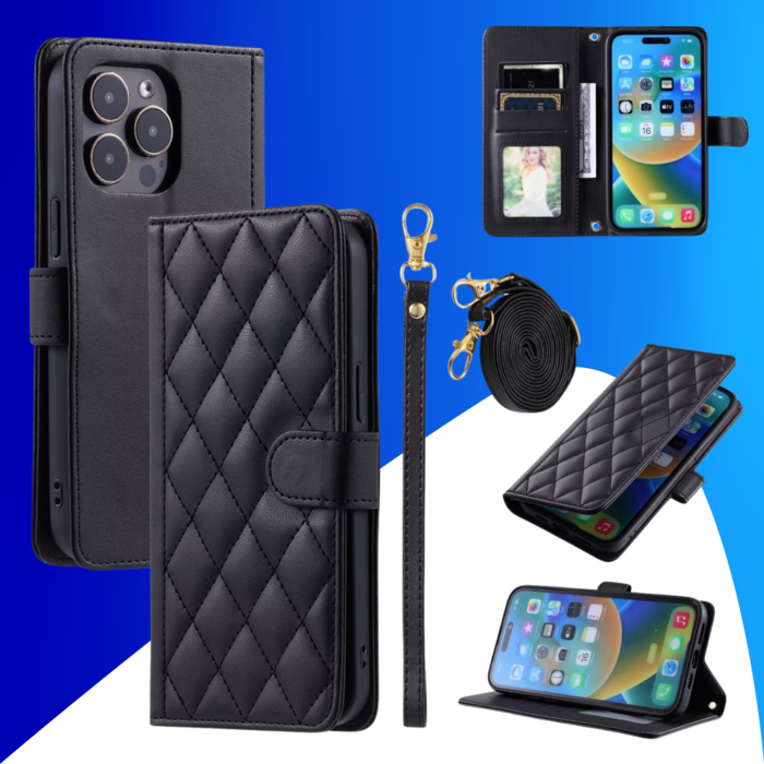 JVS Products iPhone 16 Pro hoesje - Bookcase - Pasjeshouder - Koord - Kunstleer - Zwart