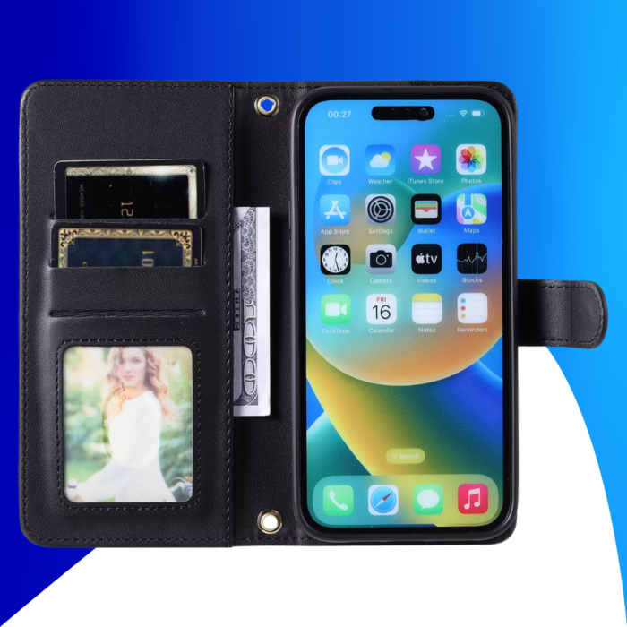 JVS Products iPhone 16 Pro hoesje - Bookcase - Pasjeshouder - Koord - Kunstleer - Zwart