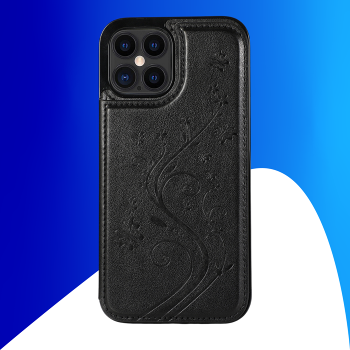 JVS Products iPhone 16 hoesje - Backcover - Pasjeshouder - Portemonnee - Bloemenprint - Kunstleer - Zwart