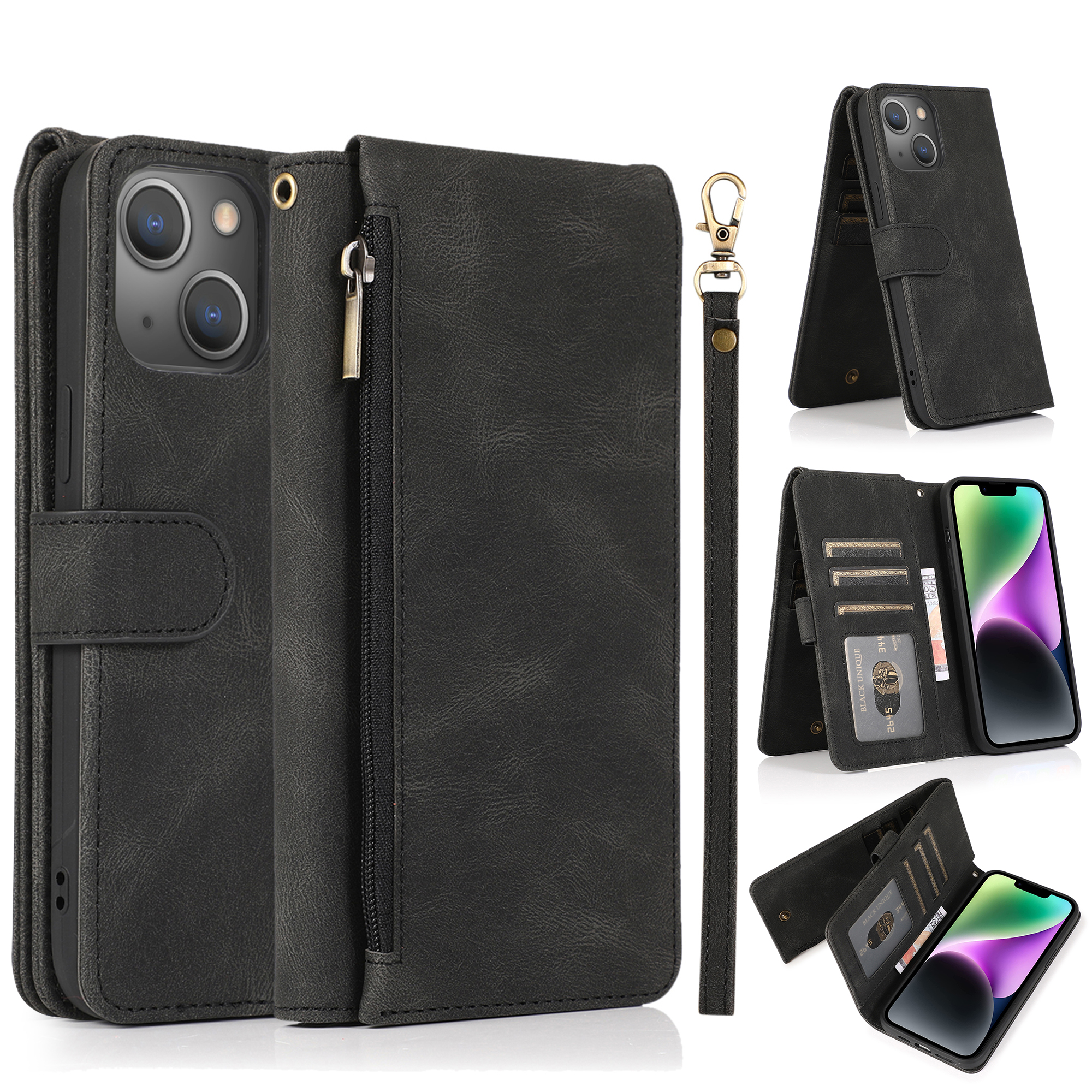 iPhone 16 Pro hoesje - Bookcase - Pasjeshouder - Portemonnee - Rits - Kunstleer - Zwart afbeelding