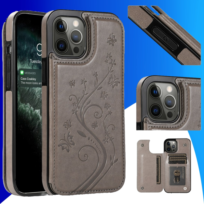 JVS Products iPhone 16 Plus hoesje - Backcover - Pasjeshouder - Portemonnee - Bloemenprint - Kunstleer - Grijs