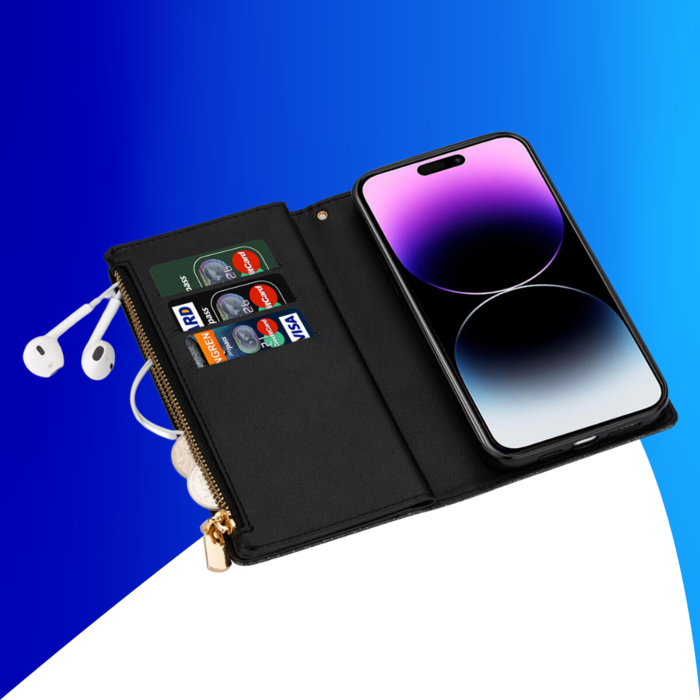 JVS Products iPhone 16 Pro hoesje - Bookcase - Koord - Pasjeshouder - Portemonnee - Glitter - Bloemenpatroon - Kunstleer - Zwart