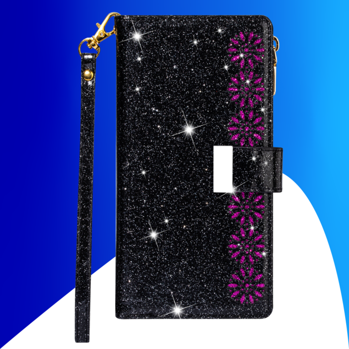 JVS Products iPhone 16 Pro hoesje - Bookcase - Koord - Pasjeshouder - Portemonnee - Glitter - Bloemenpatroon - Kunstleer - Zwart