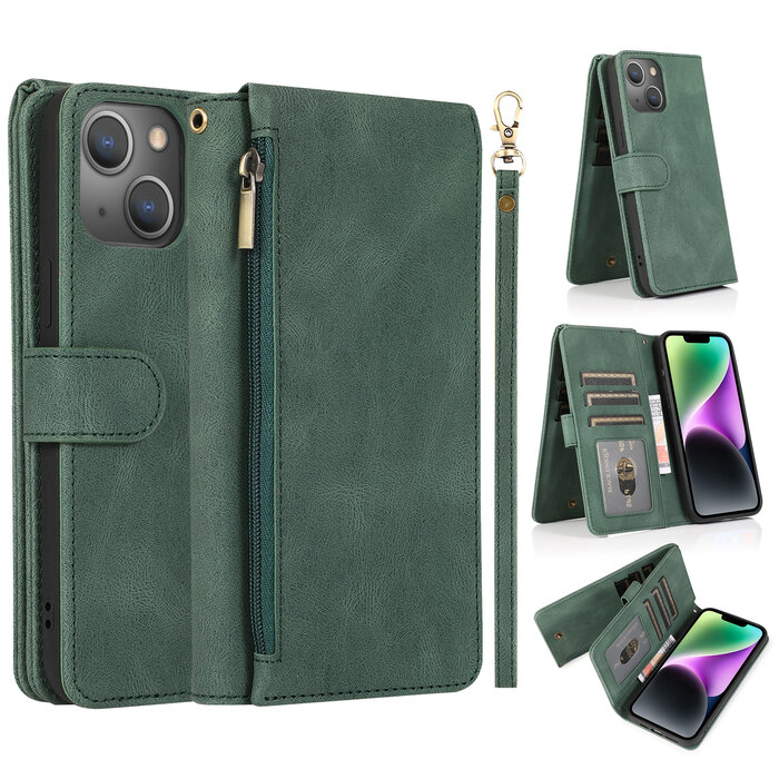 JVS Products iPhone 16 hoesje - Bookcase - Pasjeshouder - Portemonnee - Rits - Kunstleer - Groen