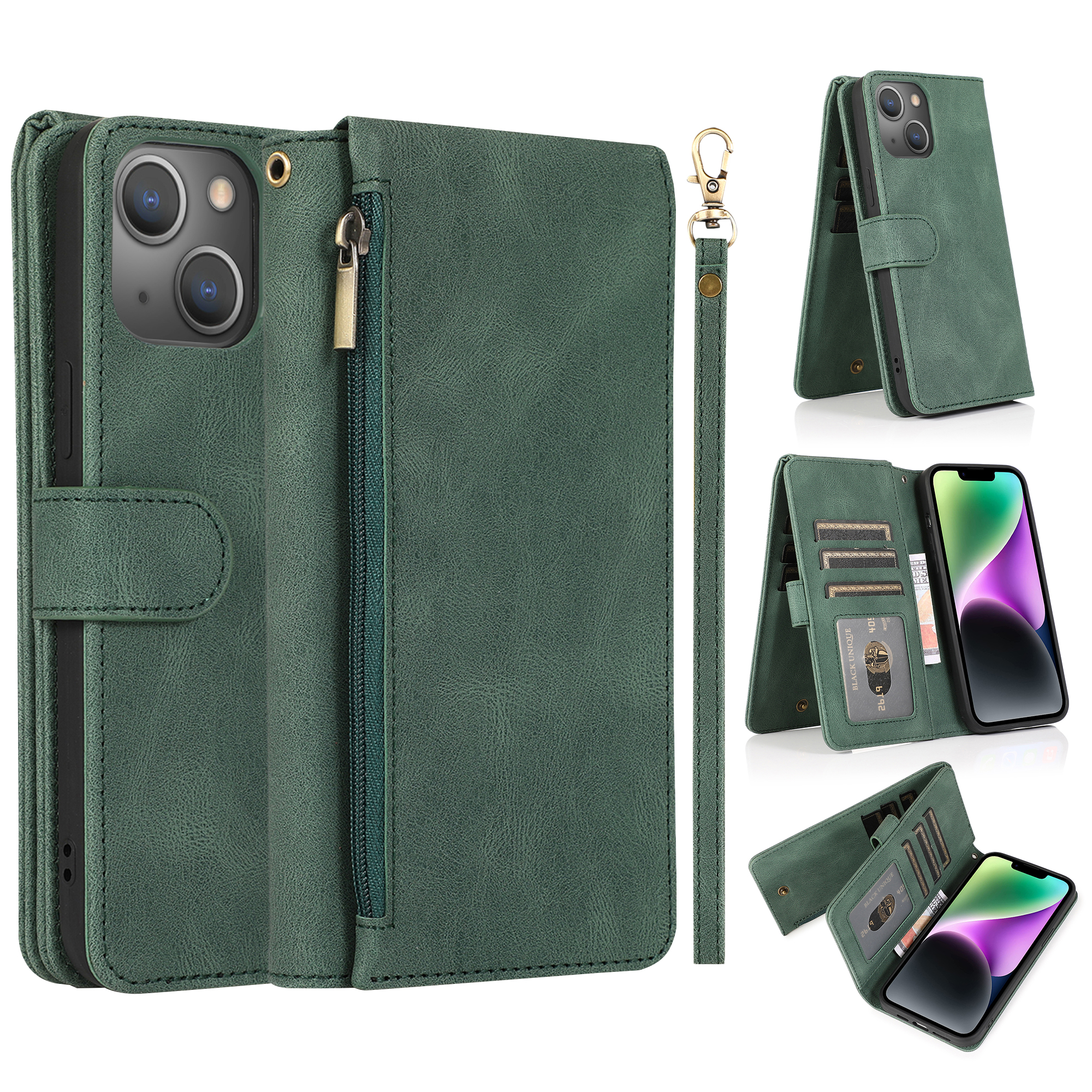iPhone 16 hoesje - Bookcase - Pasjeshouder - Portemonnee - Rits - Kunstleer - Groen afbeelding