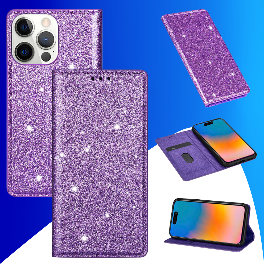 JVS Products iPhone 16 Pro Max hoesje - Bookcase - Pasjeshouder - Portemonnee - Glitter - TPU - Paars