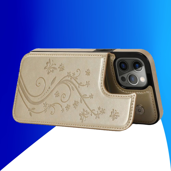 JVS Products iPhone 16 hoesje - Backcover - Pasjeshouder - Portemonnee - Bloemenprint - Kunstleer - Goud