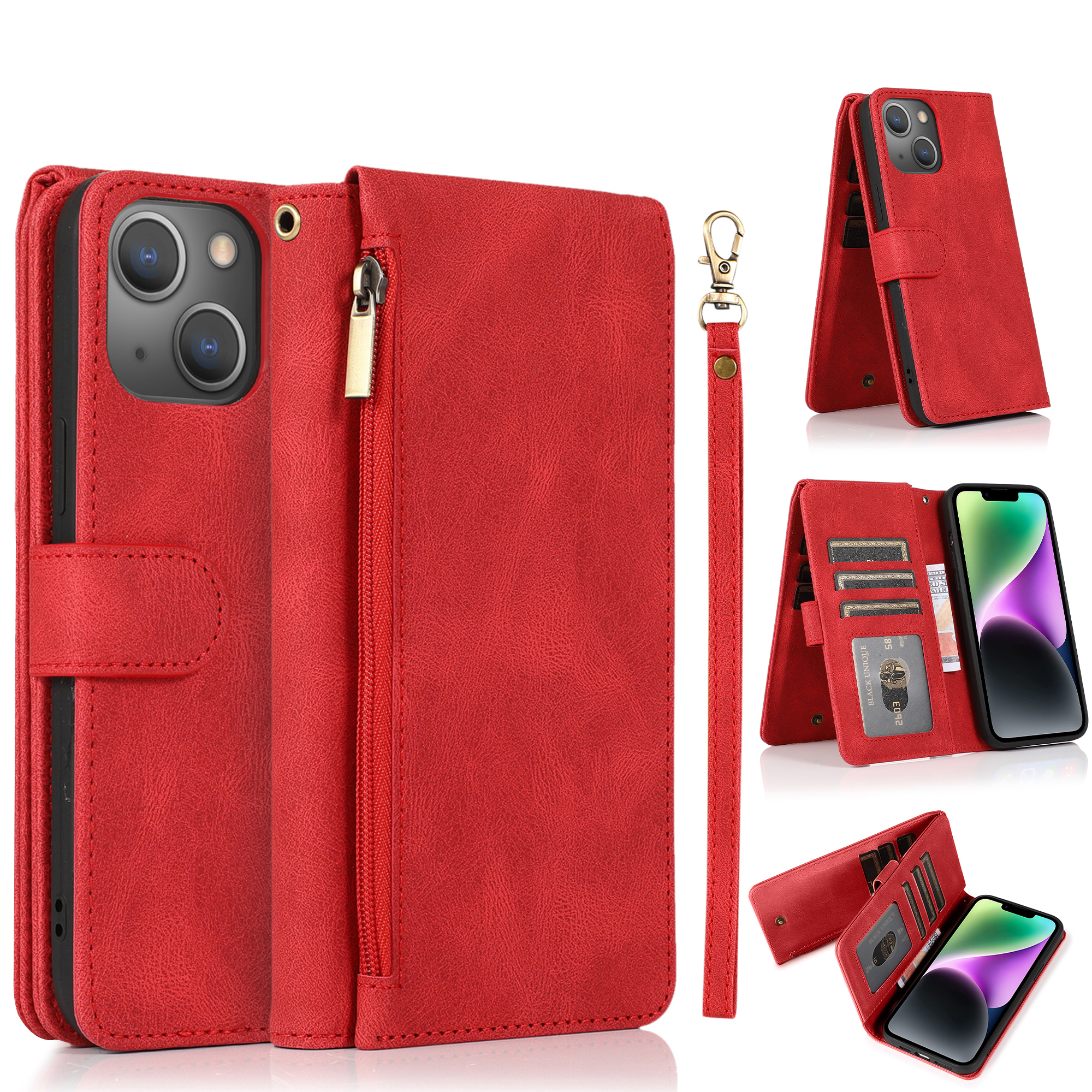iPhone 16 Pro hoesje - Bookcase - Pasjeshouder - Portemonnee - Rits - Kunstleer - Rood afbeelding