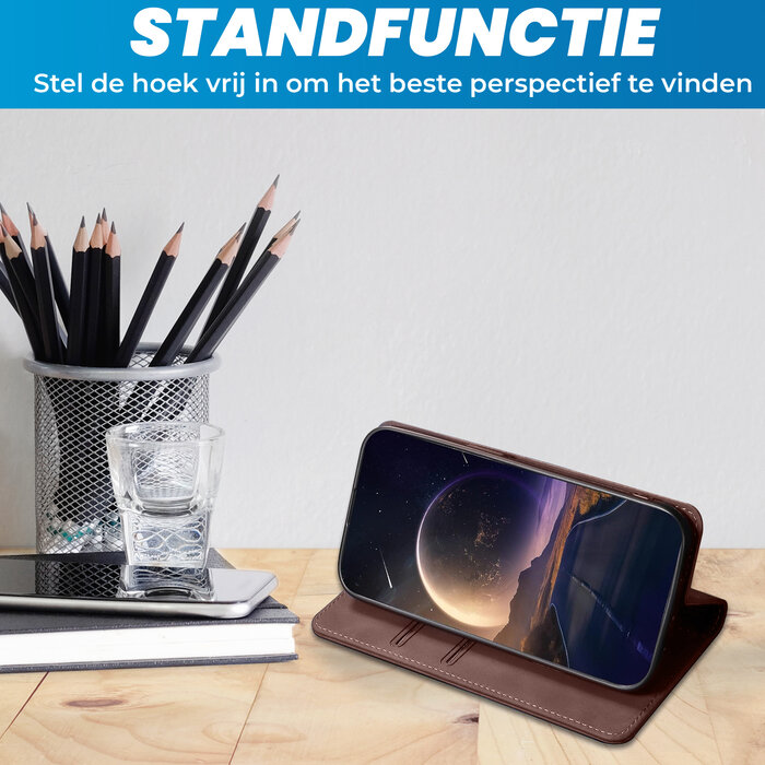 JVS Products iPhone 16 hoesje - Bookcase - Pasjeshouder - Portemonnee - Kunstleer - Donkerbruin