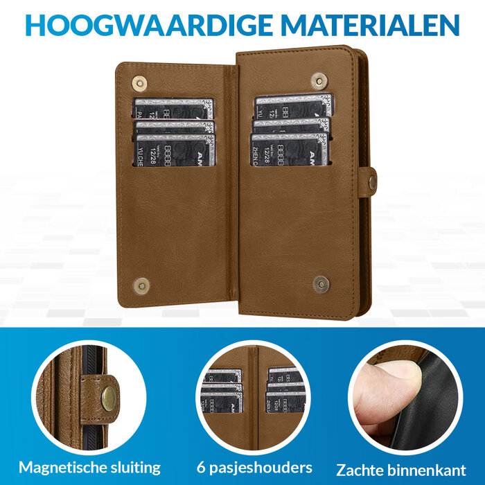 JVS Products iPhone 16 Plus hoesje - Bookcase - Afneembaar 2 in 1 - Backcover - Pasjeshouder - Portemonnee - Kunstleer - Bruin