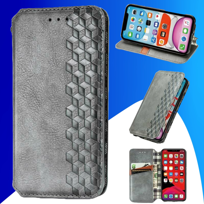 JVS Products iPhone 16 Plus hoesje - Bookcase - Pasjeshouder - Portemonnee - Diamantpatroon - Kunstleer - Grijs