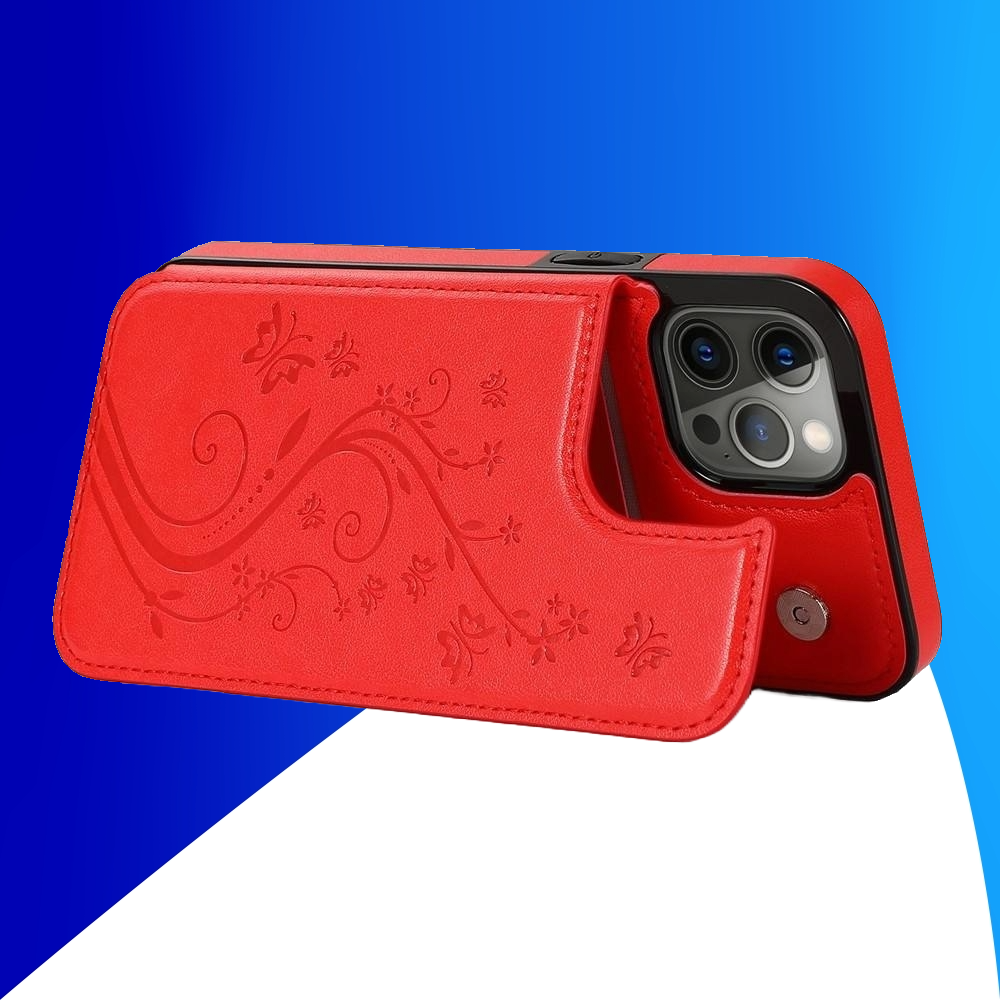 JVS Products iPhone 16 Plus hoesje - Backcover - Pasjeshouder - Portemonnee - Bloemenprint - Kunstleer - Rood