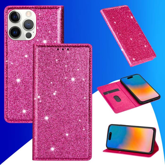 JVS Products iPhone 16 hoesje - Bookcase - Pasjeshouder - Portemonnee - Glitter - TPU - Roze