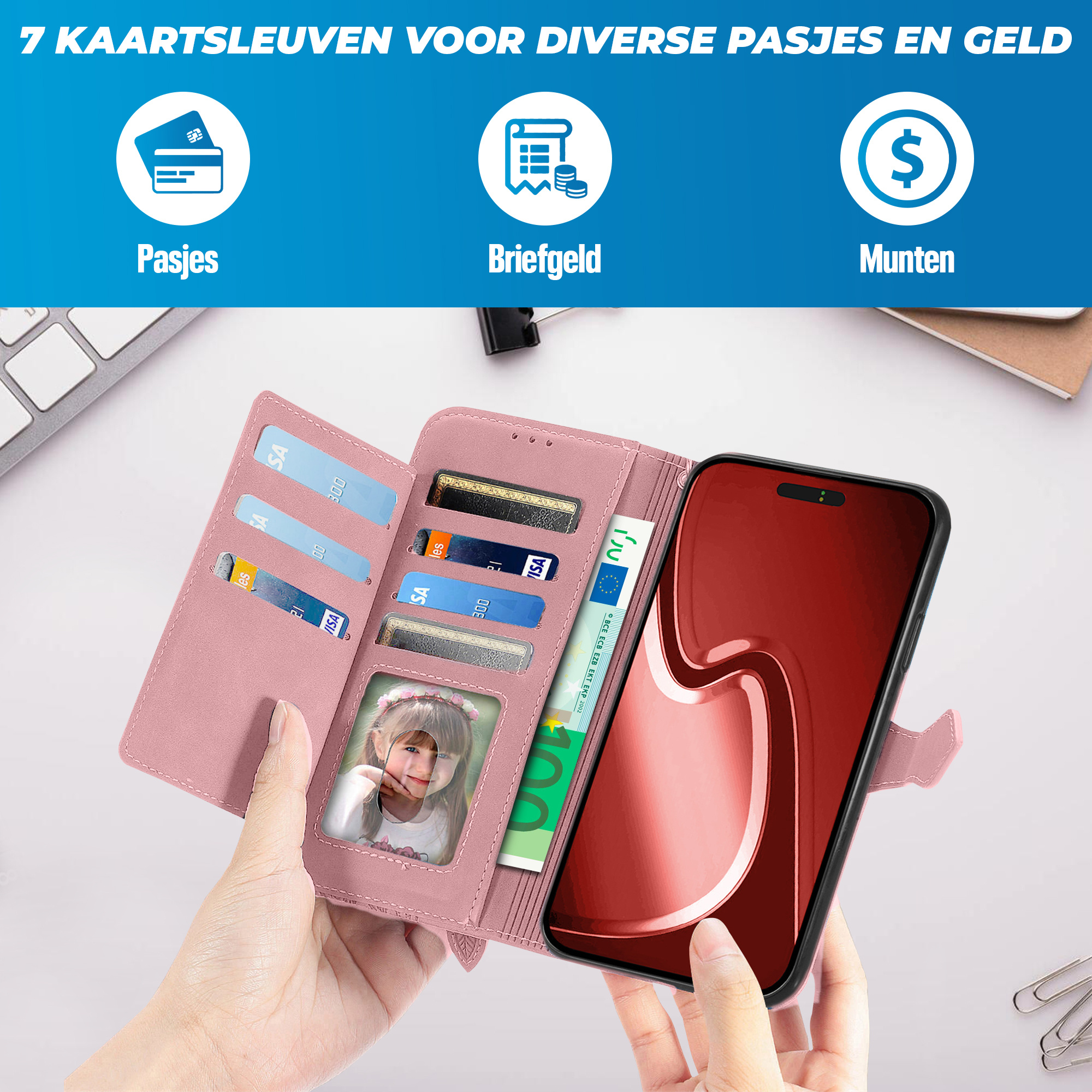 JVS Products iPhone 16 hoesje - Bookcase - Koord - Pasjeshouder - Portemonnee - Bloemenpatroon - Kunstleer - Roze