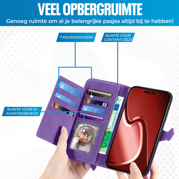 JVS Products iPhone 16 hoesje - Bookcase - Koord - Pasjeshouder - Portemonnee - Bloemenpatroon - Kunstleer - Paars